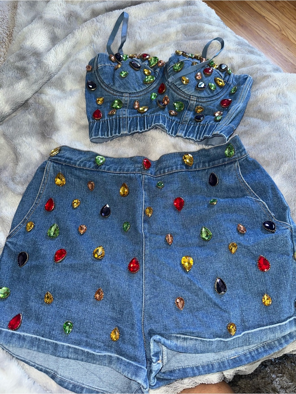 WOW couture Blue Denim Bustier & Embellished Shorts Set